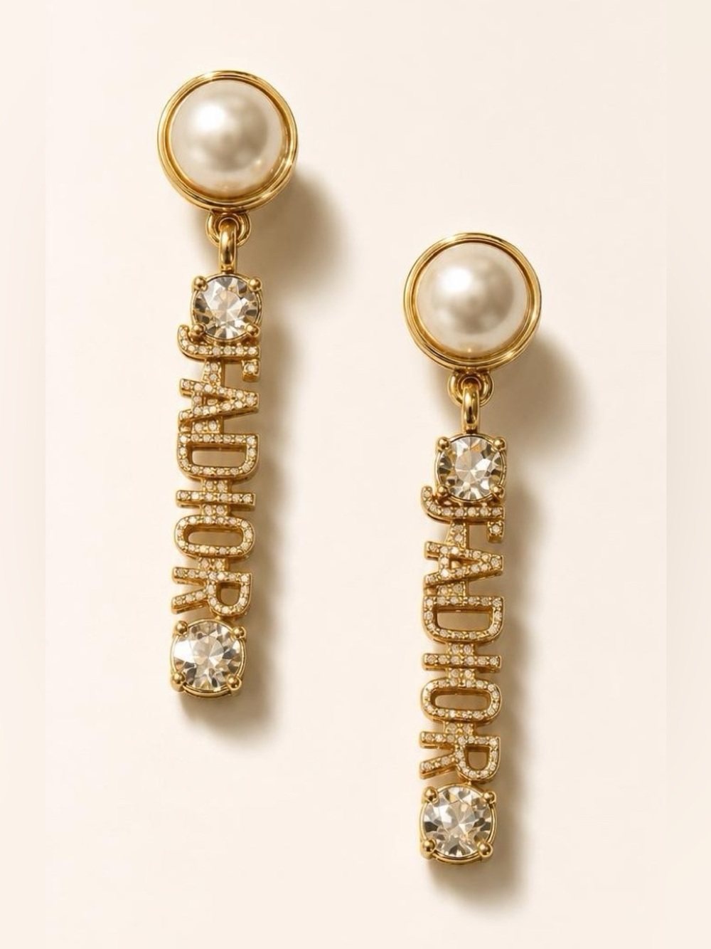 Beautiful Gold-Tone Pearl Drop Earrings with Crystal Letters /Accented Bars